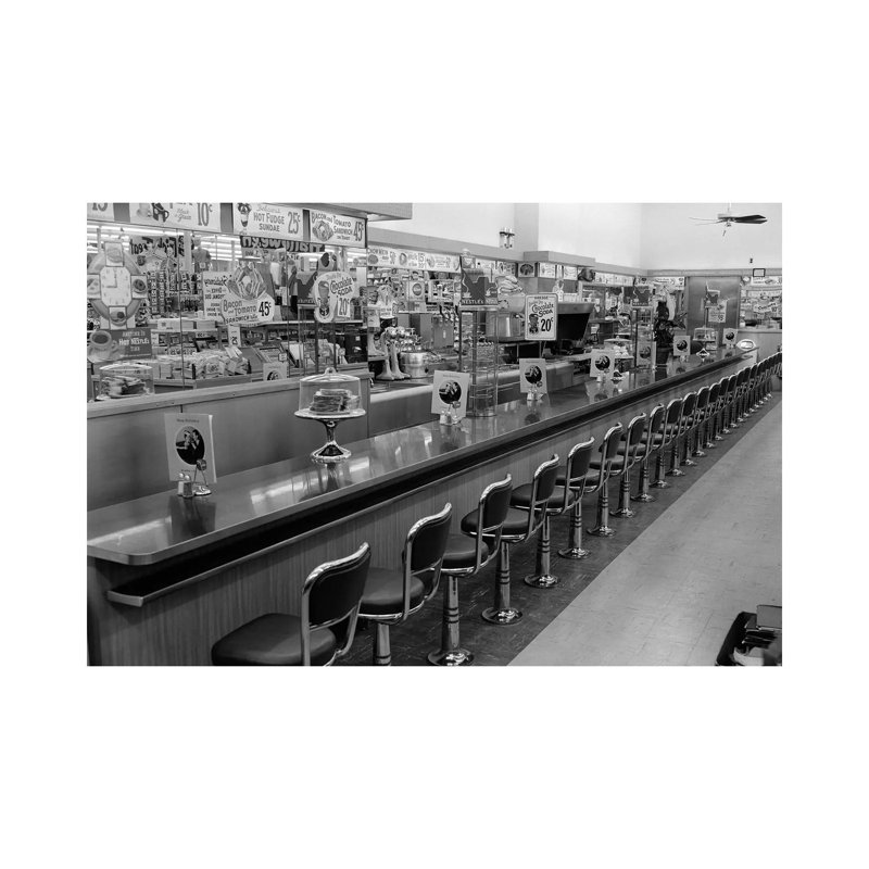1950s-1960s Interior Of Lunch Counter With Chrome Stools - Wrapped Canvas Print, 20.32 cm H x 30.48 cm W