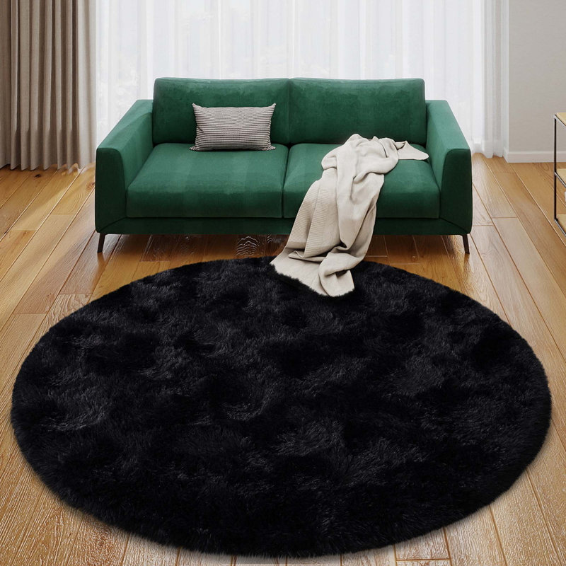Black Round Shag Rug Non-slip Long-Pile Round Rug 5 ft Silk-Blend Rug Round Shag Rug Perfect for Teen Rooms Suitable for Bedrooms Suitable for Living Rooms Antibacterial Durable Material