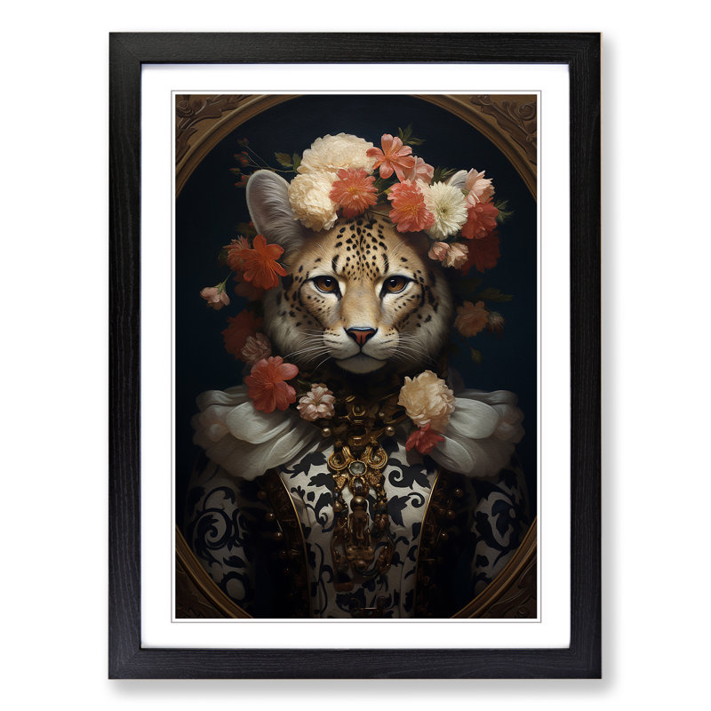 Cheetah Rococo - Single Picture Frame Print on Wood, 64cm H x 46cm W x 2cm D, Black Framed
