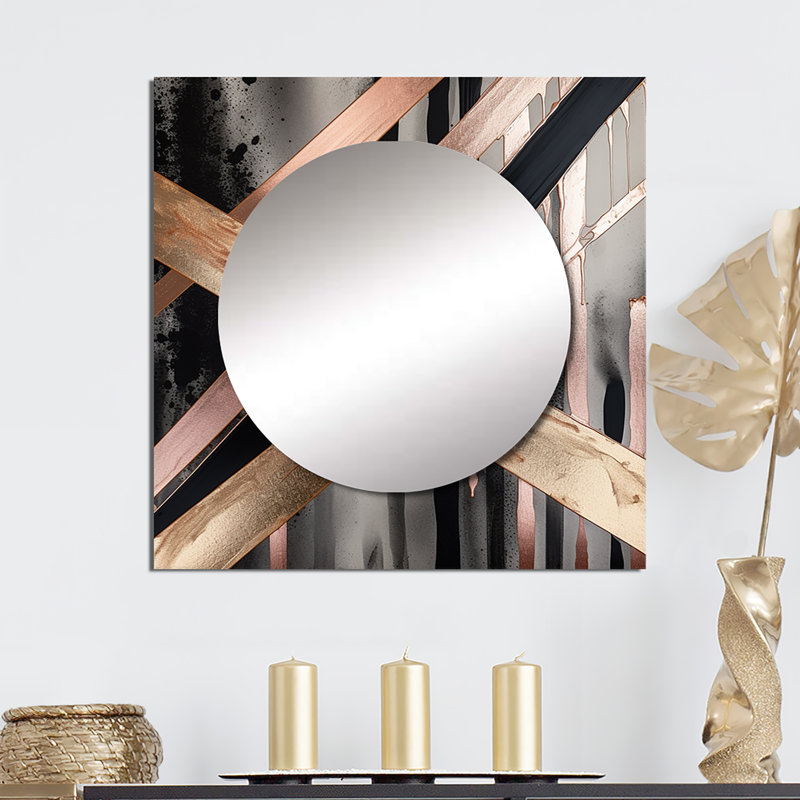 Métallique rayures et cercles III - grand miroir carré abstrait en marbre pour décoration murale, 36 po x 36 po