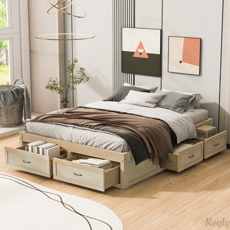 Lit plateforme avec 6 tiroirs de rangement, Naturel antique, Grand