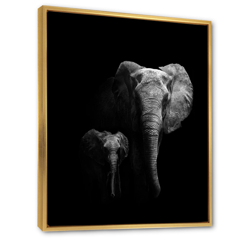 Éléphant d'Afrique sauvage en noir et blanc - Impression sur toile, H 20 po x l 12 po, Cadre flottant doré