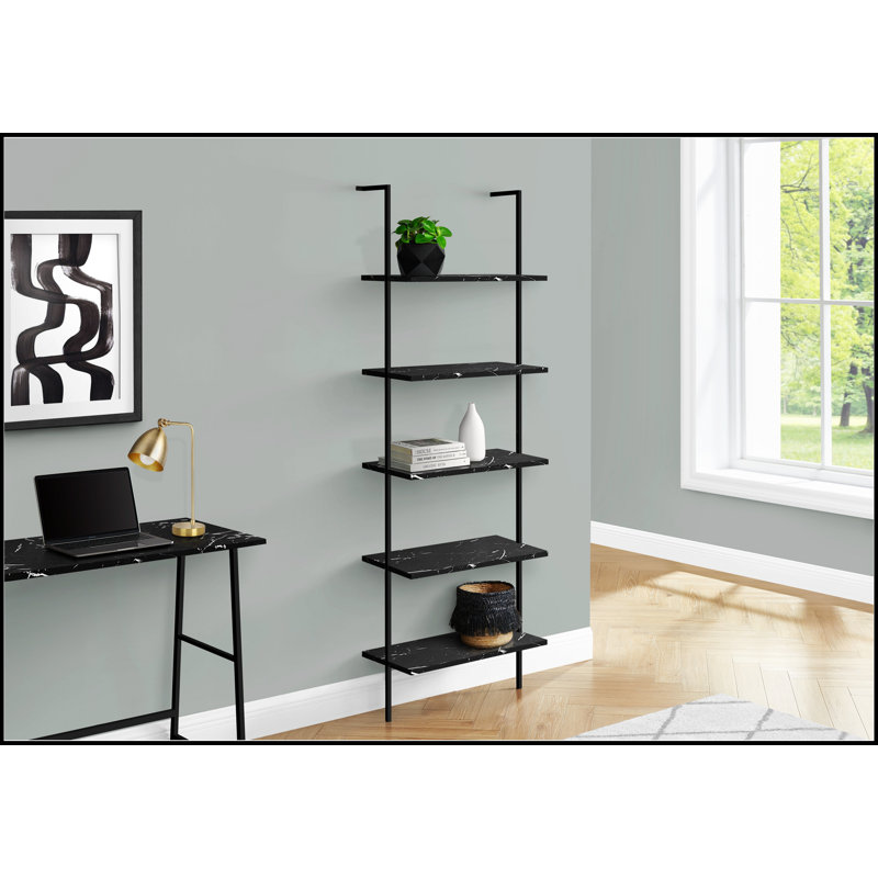 Contemporary 5-Tier Ladder Bookshelf with Black Marble-Look Shelves, Perfect for Modern Office and Bedroom Storage, Black