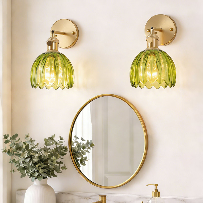 Gold Bronze Green Glass Wall Sconce Set of 2, Hardwired Retro Iron Wall Lamp