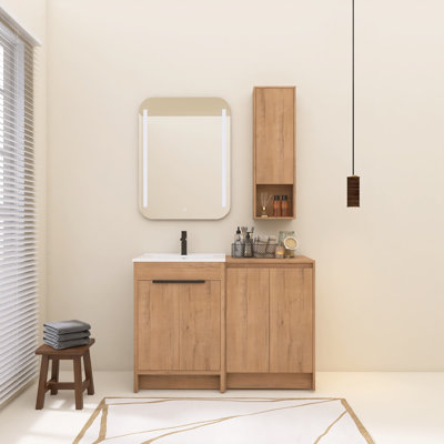 Ensemble de meuble-lavabo autoportant 48 po avec lavabo en céramique et armoires de rangement, portes à fermeture en douceur