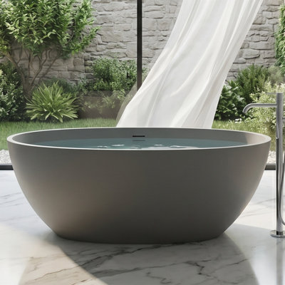 Baignoire de trempage autoportante 66,9 po, résine pierre, poli à la main, dossier ergonomique, bonde escamotable