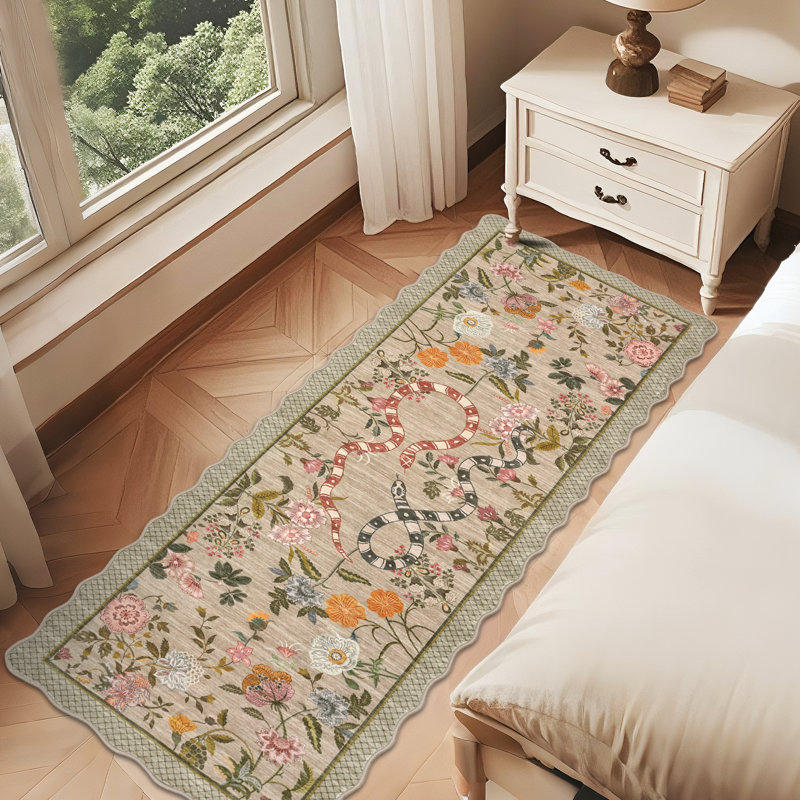 Farmhouse Floral Rug Washable Rug Non Slip Modern Scalloped Carpet, Soft Non Shedding Indoor Carpet, Low Pile Thin Foldable Printed Mat