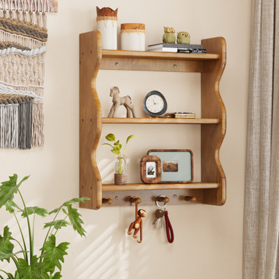 3 Tier Wooden Floating Wall Shelves with Hooks, Rustic Farmhouse Wall Mounted Storage Shelf, Decorative Curved Side Wall Organizer Display Rack for Be