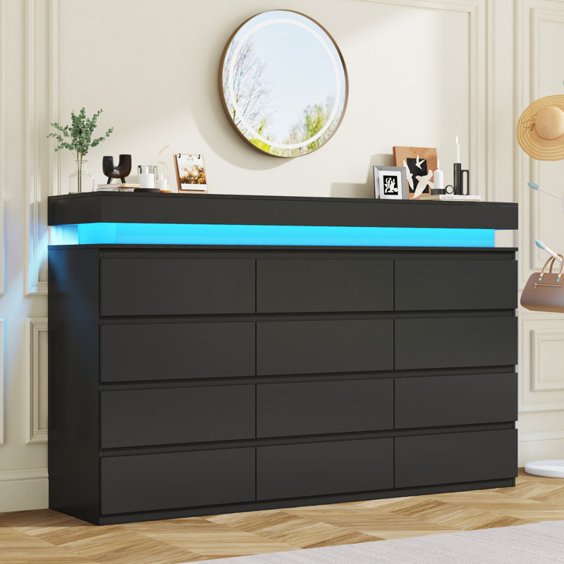 70" Wide 12-Drawer Storage Dresser With Led Lighting & Built-In Charging Ports, Tall Modern Cabinet For Bedroom, Closet, Entryway Or Living Room Organization
