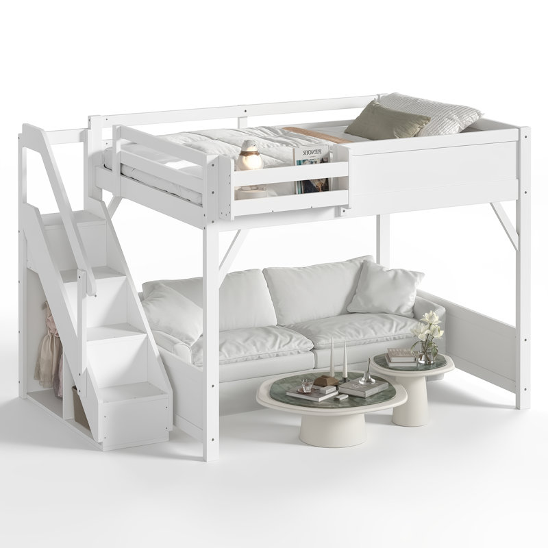 Grand lit mezzanine avec garde-robe et rangement intégrés, bois massif, escaliers, garde-corps, tablettes, sans sommier, blanc