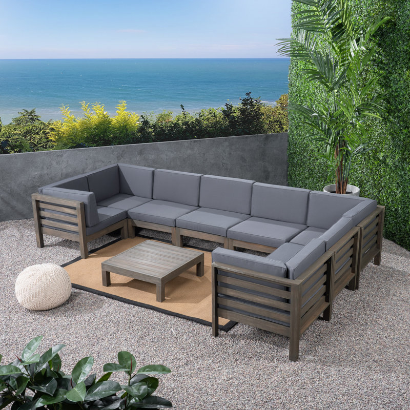Ensemble de conversation modulaire en teck 9 pièces avec coussins, Structure grise / coussin gris foncé