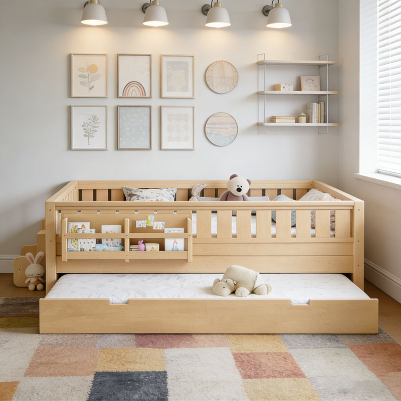 Bed with Built-in Bookshelves and Small Staircase, Double, Clair naturel