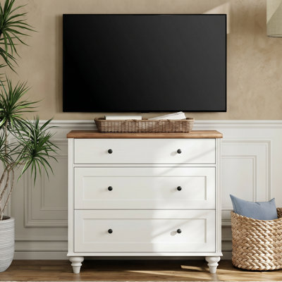 Farmhouse TV Stand For 43 Inch TV, Mid Century Modern TV Console Table With 3 Wooden Drawers, Entertainment Center Console Table For Living Room, White