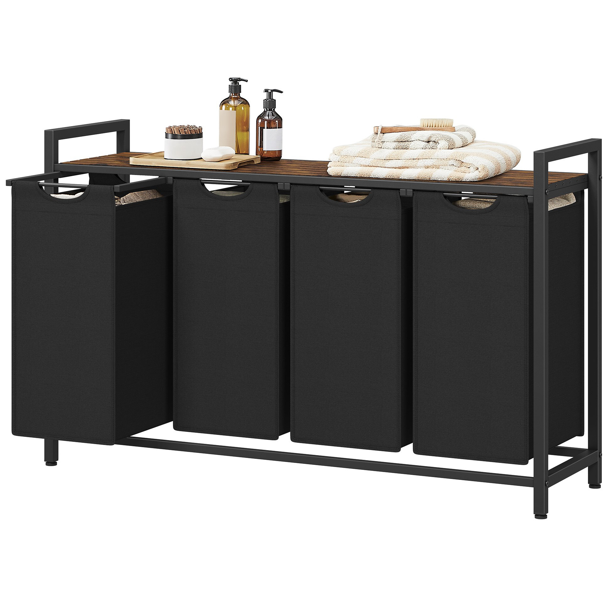 Laundry Hamper with 4 Pull-Out And Removable Bags - Rustic Brown / Black