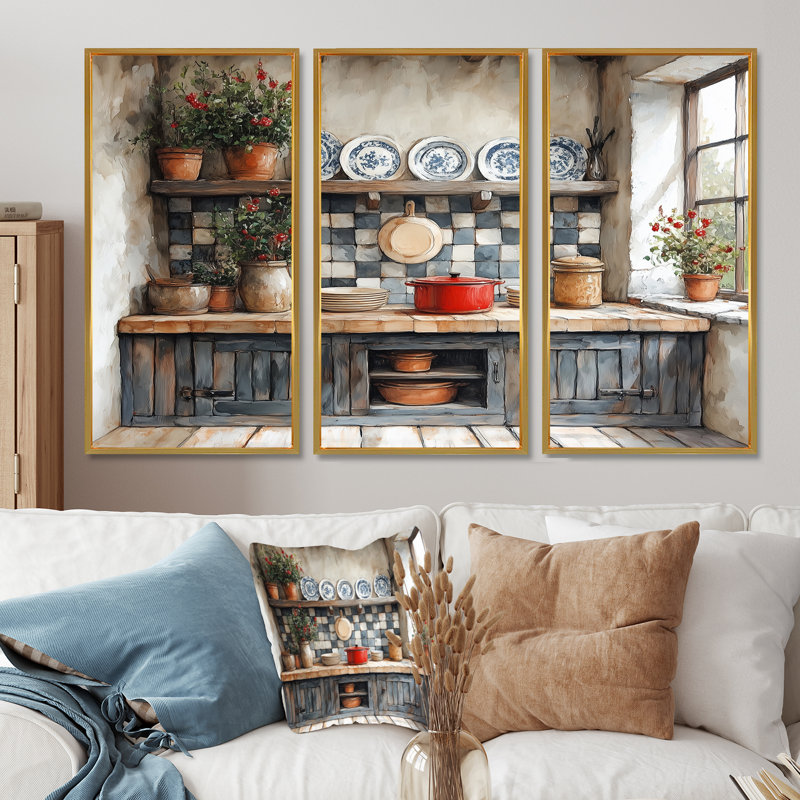 Country Kitchen Rustic Dream I - Ensemble d'art mural de cuisine, Toile avec cadre flottant or, H 40 po x l 60 po x P 1 po