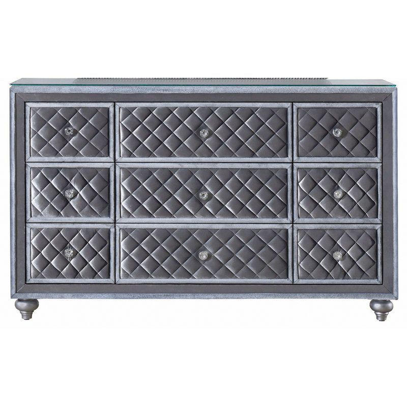 Commode 9 tiroirs avec plateau en verre trempé et boutons de tiroir en faux cristal, commode de rangement pour la chambre à coucher