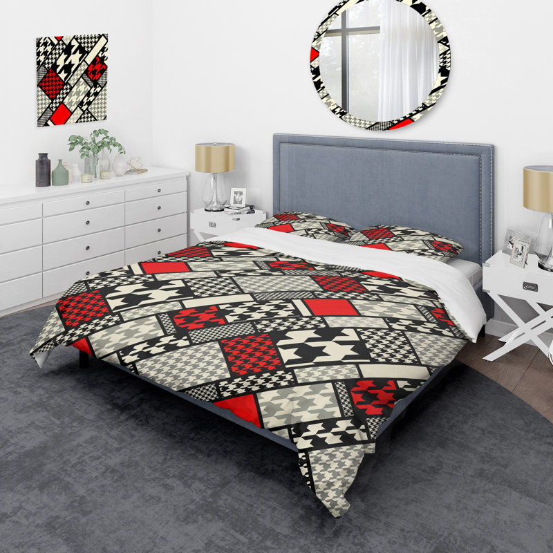 Ensemble de housse de couette à motifs rouge et noir Patchwork, Housse de couette simple + 1 taie décorative stan