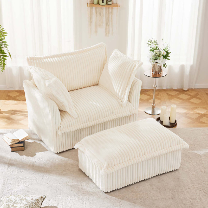Fauteuil rembourré avec housse avec repose-pieds, Velours côtelé crème