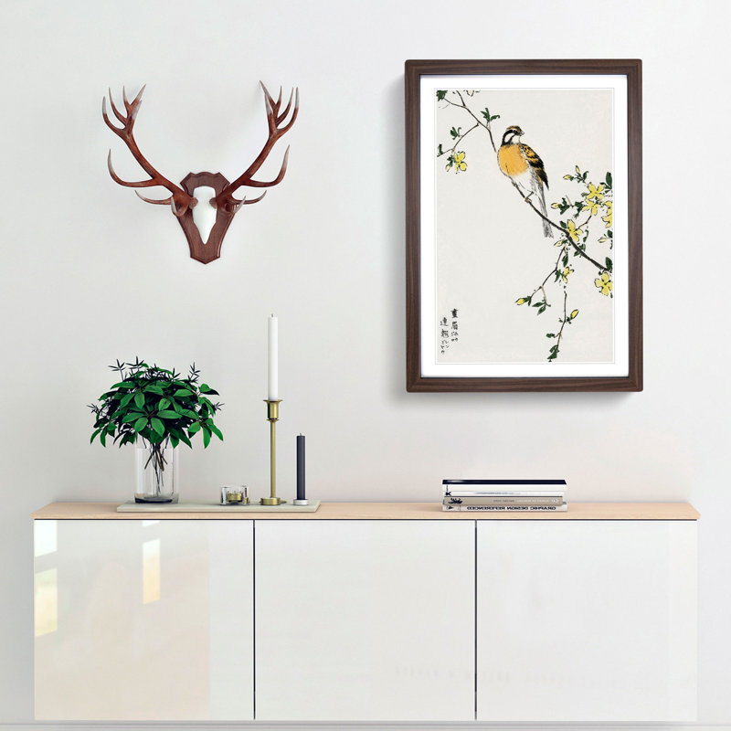 Meadow Bunting Bird & Yellow Flowers by Numata Kashu - Picture Frame Painting Print, Walnut Framed, 36cm H x 27cm W x 2cm D