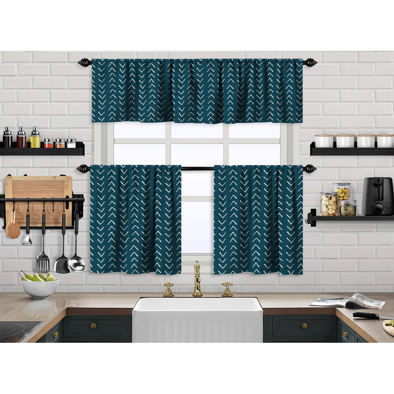 Boho Design Kitchen Valance And 2 Tiers Curtain,African Mud,Window Valance Treatments,Decorative, 24" W x 36" L, Indigo Blue
