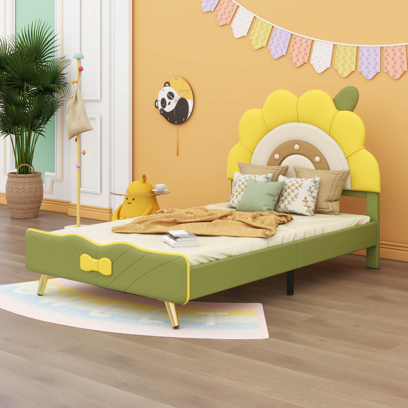 Lit plateforme tapissier avec tête de lit en forme de tournesol, Simple