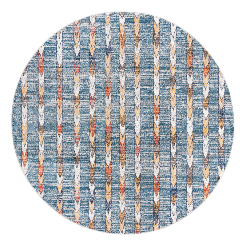 Tapis bleu / blanc cassé / brun clair / rouge Eells, Rond 7 pi