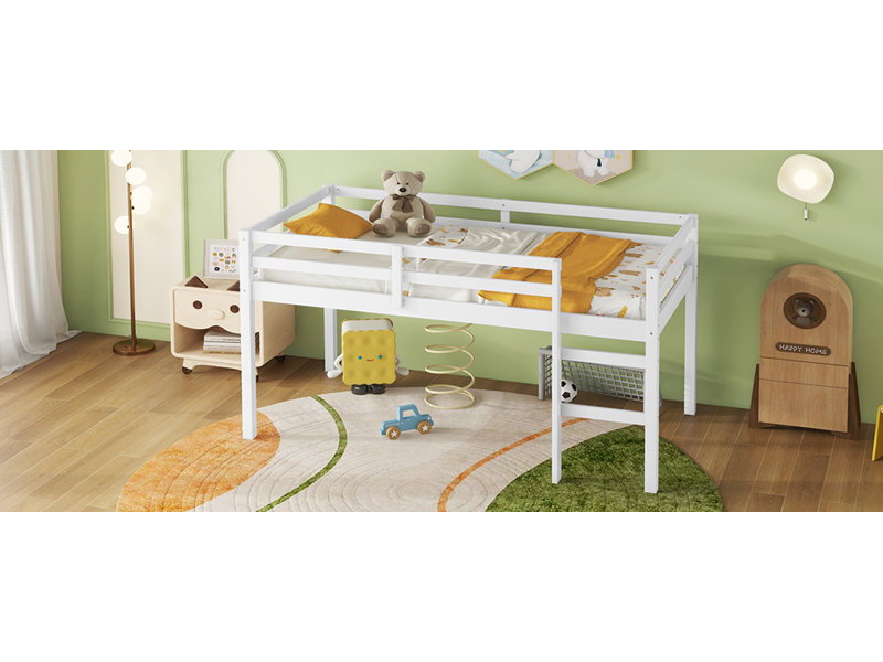 SanaLoft Solid Rubberwood Loft Bed with Ladder and Strengthened Slats