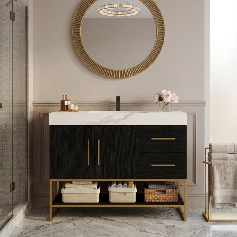 Meuble-lavabo sur pied autoportant, comptoir en pierre frittée avec lavabo en céramique intégré, cadre doré pour salles de bain contemporaines
