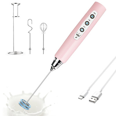 Mousseur à lait de cuisine avec support, fouet électrique portatif rose