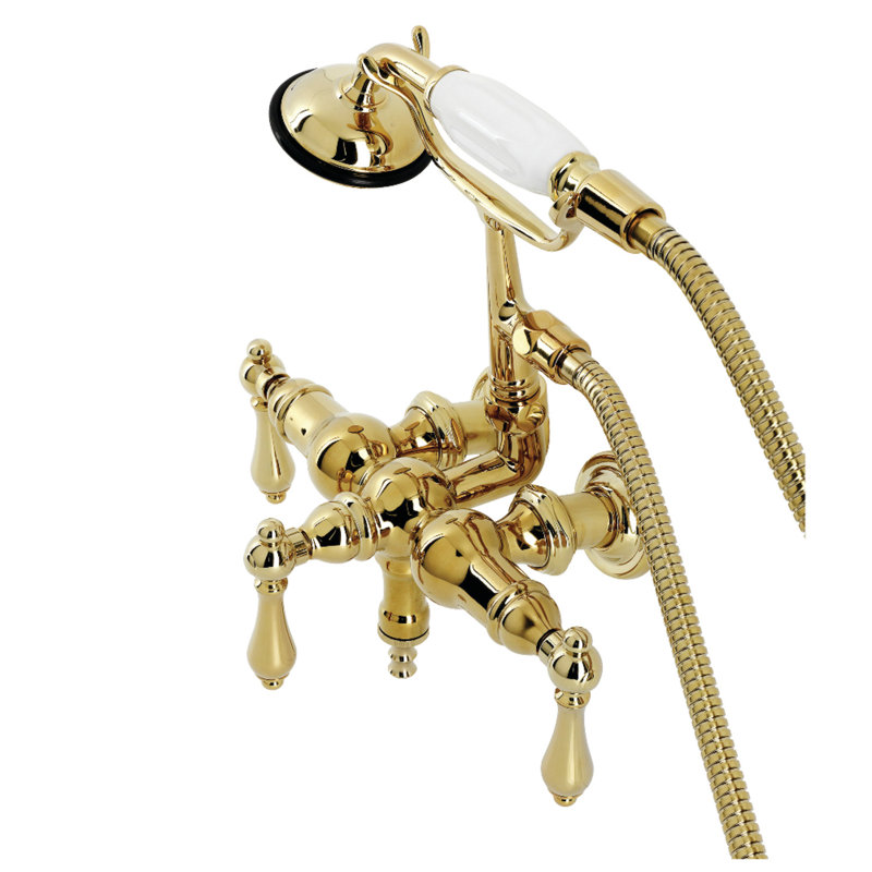 Kingston Brass Vintage Three-Handle 2-Hole Tub Wall Mount Clawfoot Tub Faucet with Hand Shower, Polished Brass
