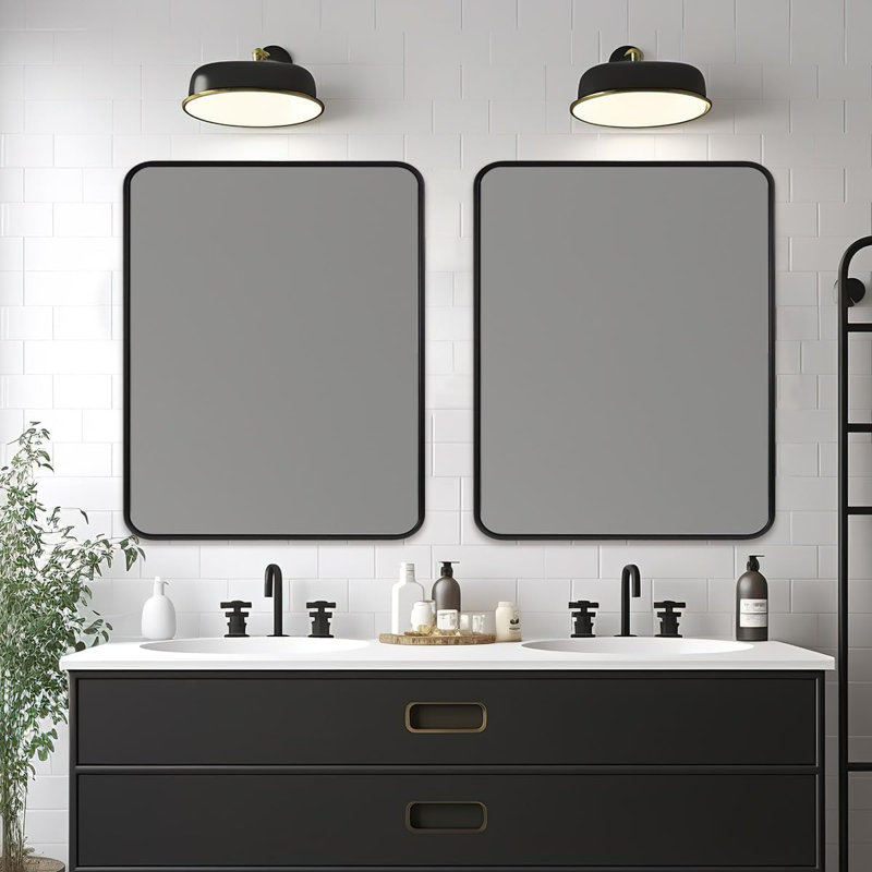 Contemporary Rectangle Bathroom Vanity Mirror | Stainless Steel Thick Frame, 36" x 30", Matte Black
