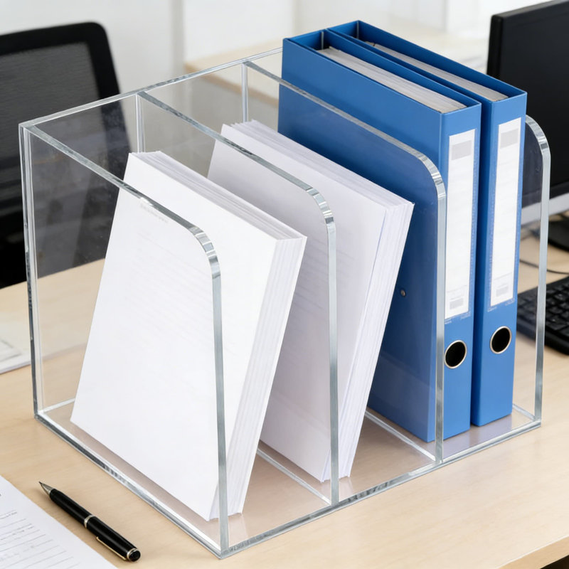 Organisateur de bureau en acrylique transparent avec 3 compartiments, porte-classeur vertical pour livres, magazines, courrier et fournitures de bureau, solution de rangement de bureau moderne et transparente