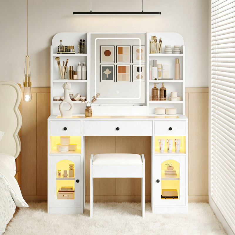 Bureau de coiffeuse 43,2 "avec miroir à DEL et tablettes de rangement et tabouret pour la chambre à coucher, Blanc