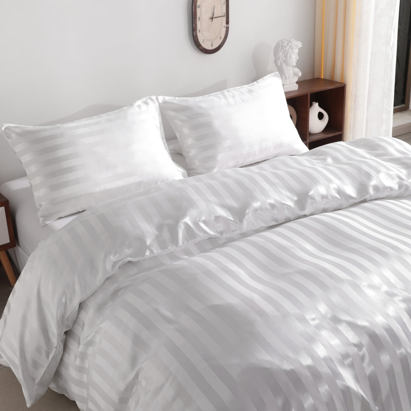Ensemble de housse de couette soyeux à rayures satinées, doux, respirant et doux pour la peau (édredon non inclus), Blanc