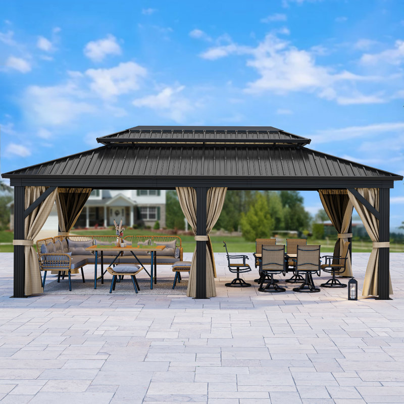 Hardtop Double-Roofed Aluminum Patio Gazebo Multiple Sizes, 20 ft x 12 ft, Brown