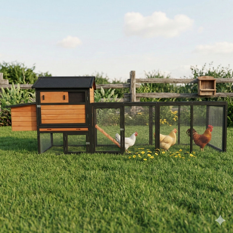 Poulailler en bois brun et noir, abri de poule extérieur spacieux avec compartiment de nidification et de course, polyvalent pour les lapins, avec panneaux imperméables et résistants aux rayons UV