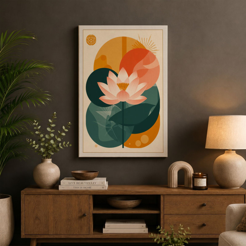 Lotus Bloom Botanical - Wrapped Canvas, 24x16 - 61.0 x 40.6 cm, Taupe Border