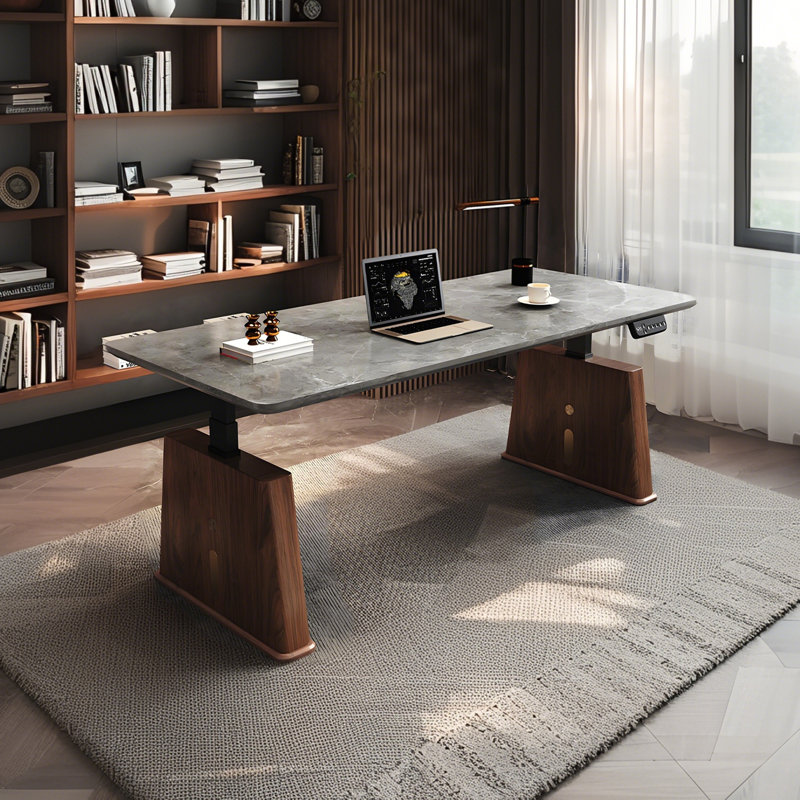 Bureau debout à hauteur réglable moderne et minimaliste électrique, plateau de table en pierre frittée gris mat, deux moteurs, pieds en bois massif de couleur brun en option