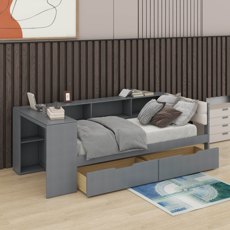 Lit plateforme simple avec tablettes, tiroirs et tête de lit tapissier, Gris, Lit simple