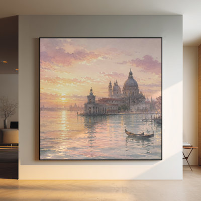 Très grand reproduction d'art sur toile - Coucher de soleil vénitien au bord de l'eau avec architecture historique et eau réfléchissante calme pour le salon ou la chambre à coucher «Assemblage requis (cadre non fini)»