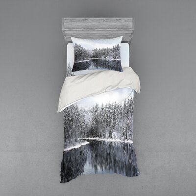 Lake Surrounded By Snow Covered Trees on A Cold Winter Day in Finland Reflections Duvet Cover Set -  Ambesonne, bsnev_12608_twin