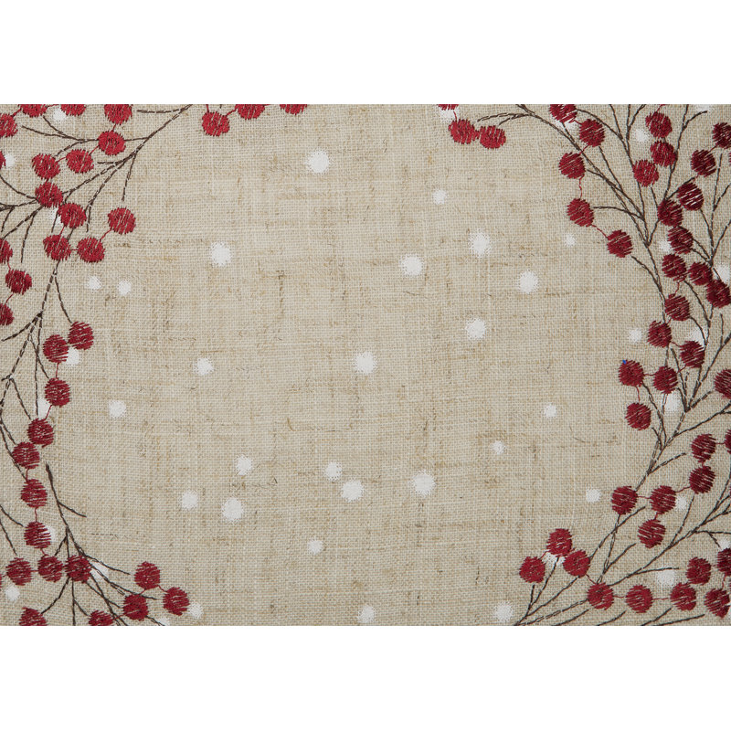 Holly Berry Wreath Embroidered Linen Christmas Pillow 14" x 14"