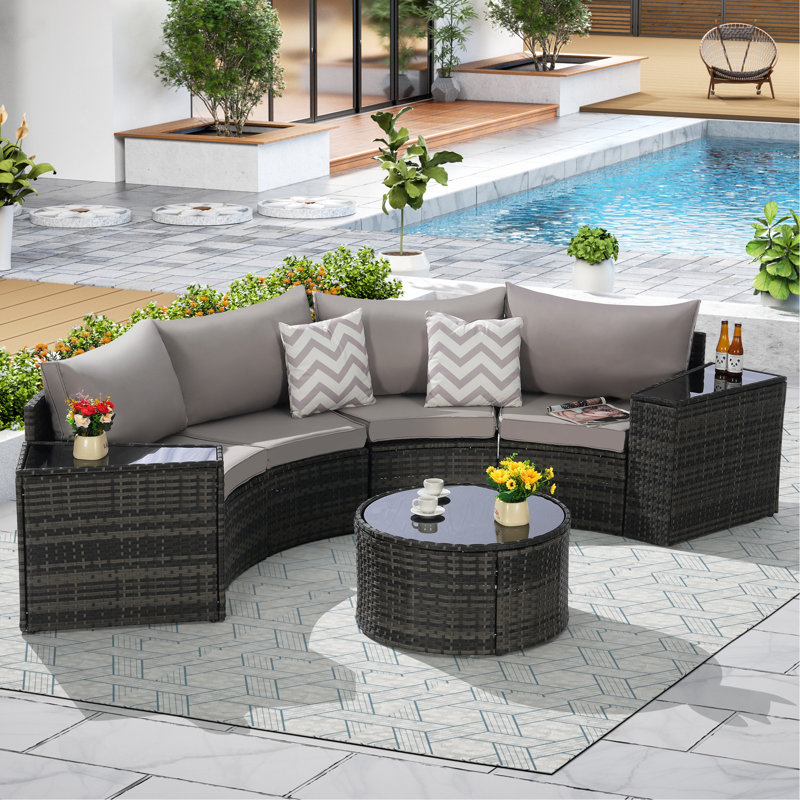 Outdoor Patio Furniture 11-Piece Half-Moon Sectional Round Patio Furniture Set Sofa With Tempered Glass Round Coffee Table