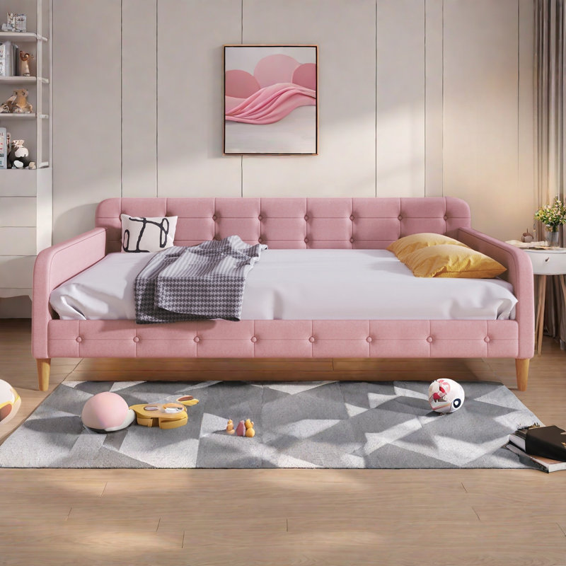 Modern Upholstered Daybed With 4 Support Legs And Button Tufted Design, Full/Double, Pink