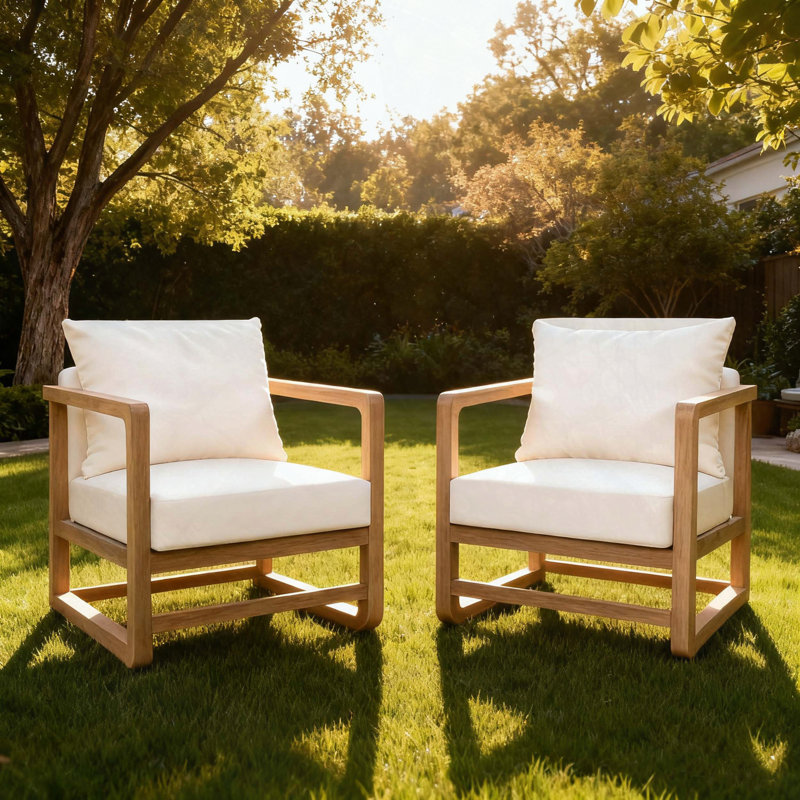 Oversized Acacia Wood Club Chair – Outdoor Lounge Chair with White Cushion Set