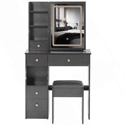 29.2" Small Size Left Drawer Desktop Vanity Table   Cushioned Stool, Large Sliding, Touch Control, Tri-Colour Switching, Brightness Adjust LED Mirror, High Capacity Storage, Suitable For Small Space