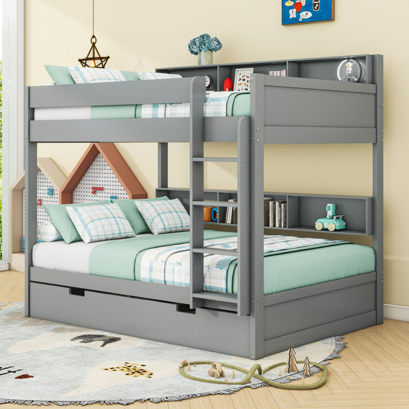 Lit superposé élégant en bois avec tablettes de rangement intégrées et lit gigogne escamotable, Double sur double, Gris