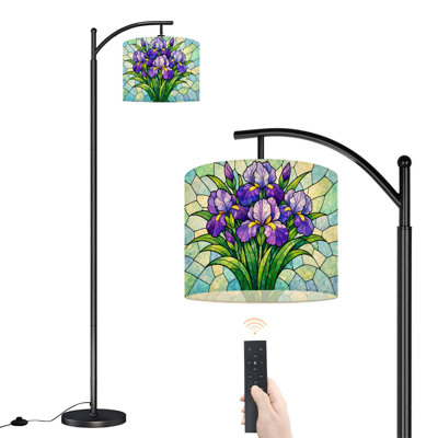 Lampe sur pied Arc Vitrail éclatant Fleurs d'iris Abat-jour bleu mauve Lampes sur pied avec télécommande DEL Abat-jour réglables Hautes lampes pour lire Bureau Salon