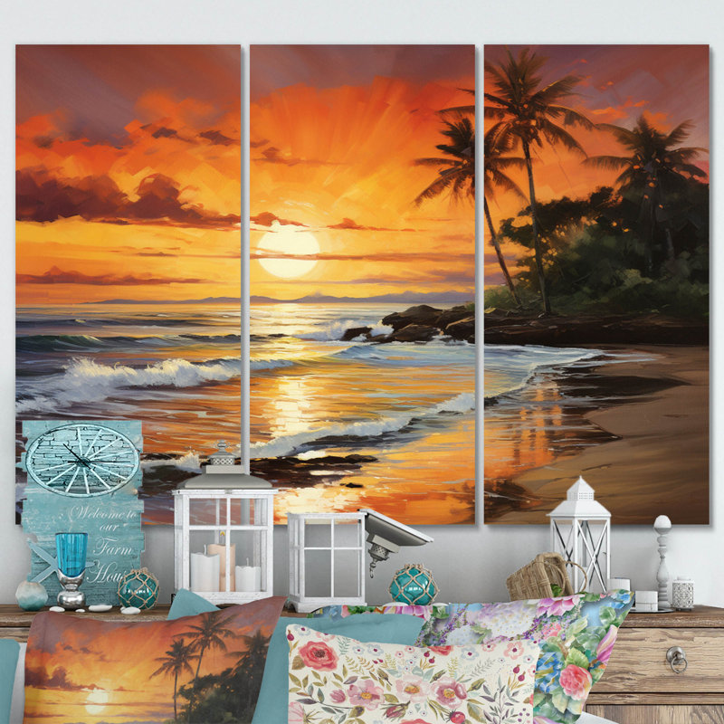 «Caraibe Island Sunset III», reproduction sur toile 3 pièces, H 28 po x l 36 po x P 1 po