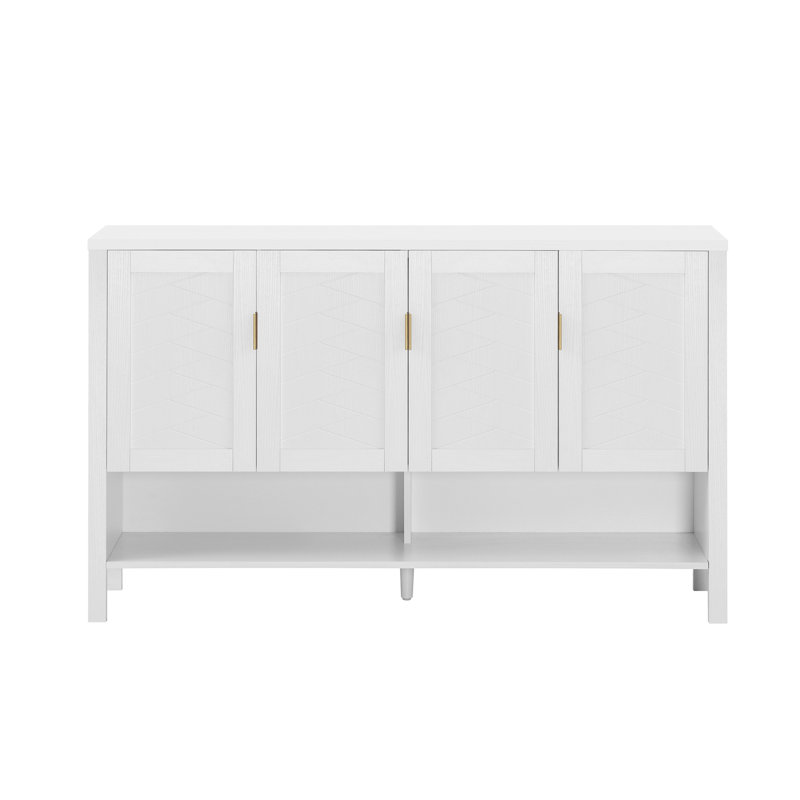 Buffet de rangement 55,1 po avec 4 portes, buffet multifonctionnel avec tablette ouverte et 2 tablettes réglables à 2 niveaux, armoire moderne avec crochets doubles, convient au salon, au couloir, à la salle à manger et au bureau.